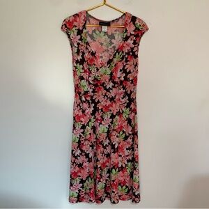 Connected Apparel Pink and Green Floral Midi Dress Size 12